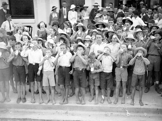 School children and guests at the opening of the South Coast Milk Factory, Scarborough Street, Southport, in 1936. Picture: George A Jackman/Gold Coast Libraries Local Studies Collection.