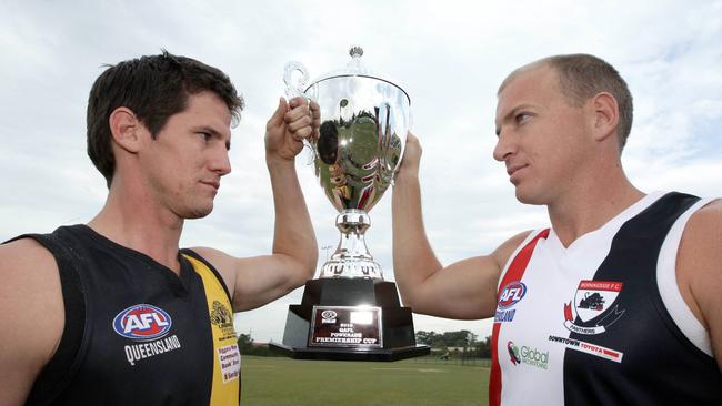 Shattock and Morningside captain Jacob Gough before a QAFL division 1 grand final. Photo: News Limited