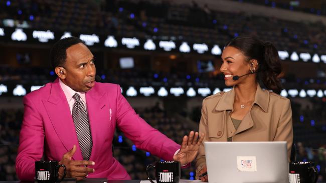 Stephen A. Smith with Malika Andrews during the 2024 NBA Finals. (Photo by Tim Heitman/Getty Images)