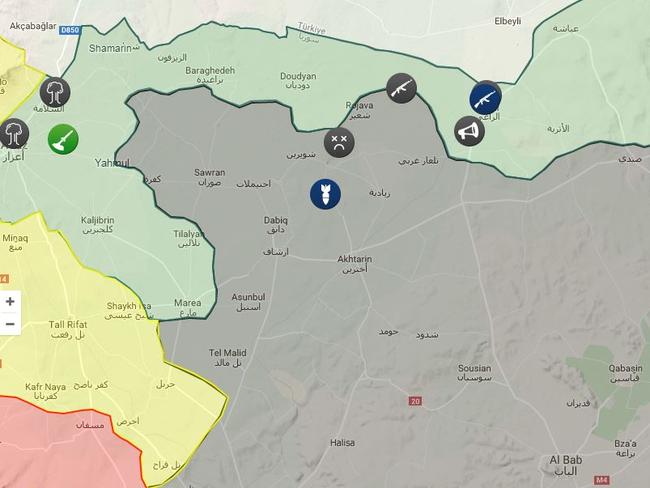 The light green of US/Turkish controlled land wraps around the town of Dabiq from the west, with Syrian/Russian controlled space in Yellow and Syrian Rebels in red. The icons represent the sites of explosions, rocket attacks, artillery attack and troop clashes during the past week. Source: isis.liveuamap.com