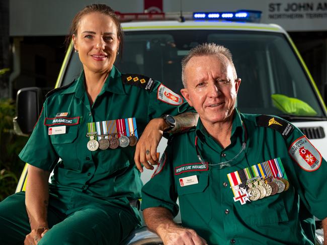 St John Paramedics Samantha Cooper and Warren Purse have served for the ADF but currently act as some of our most frontline professionals. Picture: Che Chorley