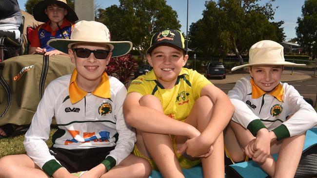 Game three of Dettol ODI series between Australia and Zimbabwe at Riverway Stadium. Mac O-Sullivan, 11, Charle (correct) Costa, 11, and Joe O'Sullivan, 8. Picture: Evan Morgan