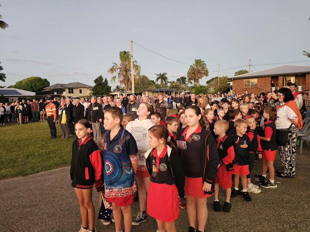 Alligator Creek State School students sang the national anthem in front of a huge crowd paying their respects at the Half Tide Dawn Service at Hay Point. Mackay Anzac Day 2025 Photo: Janessa Ekert