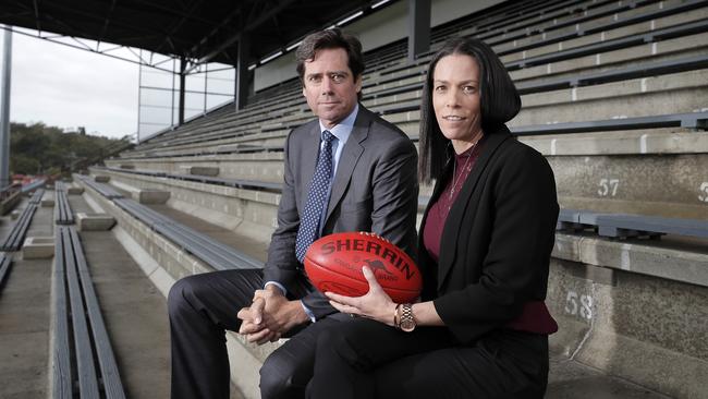 AFL CEO Gillon McLachlan and AFL Tasmania CEO Trisha Squires at North Hobart Oval. Picture: RICHARD JUPE