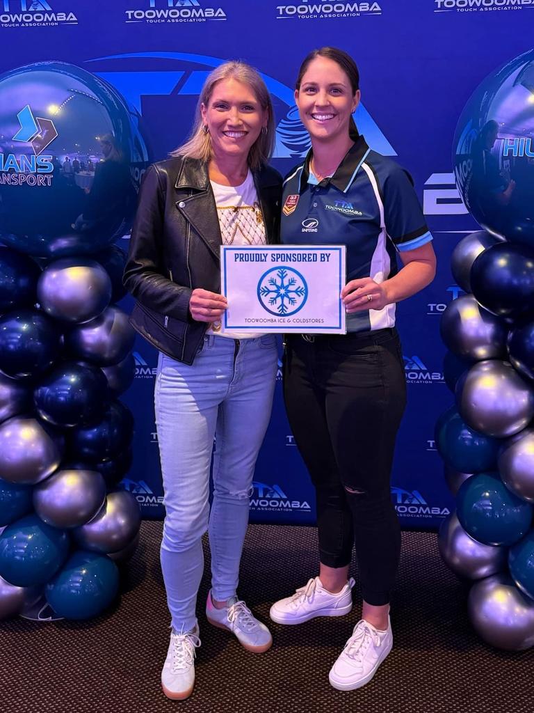 Orchy Icecold Stores Toowoomba Masters players Kellie Ryan and Jodie May at the Toowoomba Elite Touch draft night. Picture: Toowoomba Touch Association.