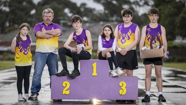 Andrew Allan from Little Athletics Victoria with Bonnie 10, Jack 14, Cate 11, Sam 14 and Nicholas 14. Picture: Wayne Taylor