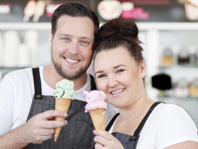 James and Steph Spittle in action at their Broadbeach Gelato Shop. Pic Tim Marsden