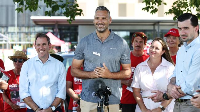 Federal Treasurer Jim Chalmers, Labor candidate for Leichhardt Matt Smith and ALP Senator Nita Green at the Tjapukai Cultural Park in Smithfield, a northern suburb of Cairns. Picture: Brendan Radke