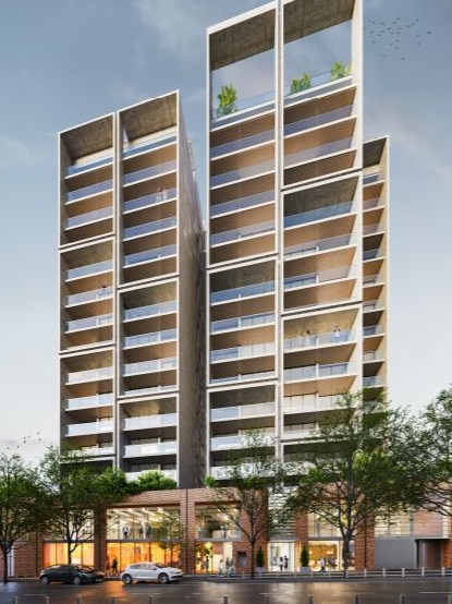 Artist's impressions of a proposed 16-storey tower with a pub, restaurant, function centre and 150 residential apartments at 34-46 Flushcombe Road, Blacktown. Picture: Supplied