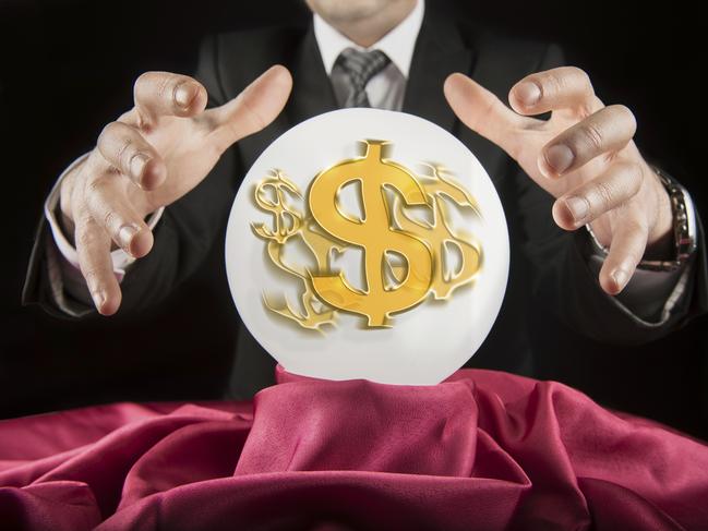 Fortune teller businessman, sees the dollar in a crystal ball, money, generic, dollar sign