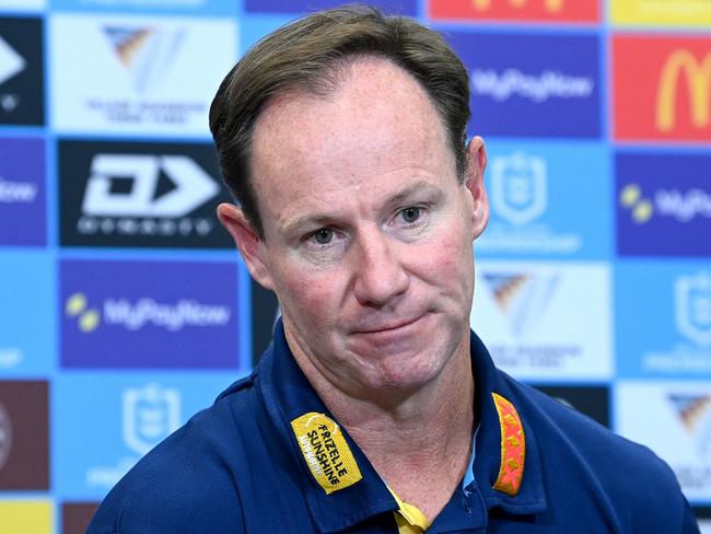 BRISBANE, AUSTRALIA - APRIL 23: Coach Justin Holbrook of the Titans looks dejected at a post match press conference after the round eight NRL match between the Dolphins and Gold Coast Titans at Suncorp Stadium on April 23, 2023 in Brisbane, Australia. (Photo by Bradley Kanaris/Getty Images)