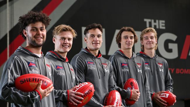 Essendon draftees Lachlan Johnson, Ned Cahill, Mitch Hibberd, Harrison Jones and Nick Bryan. Picture: Martin Keep/Getty Images.