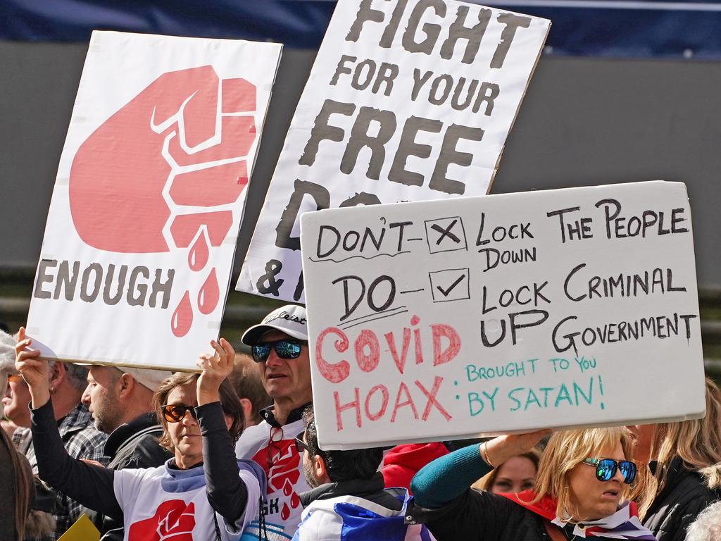 Anti-vaxxers protested outside Melbourne’s Parliament House in May, labelling Covid-19 a ‘hoax’. Picture: Scott Barbour / AAP