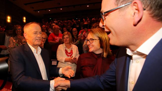 28/10/2018: Federal Labor Leader Bill Shorten, greets Premier Daniel Andrews, at the Victorian state Labor election launch at Monash University in Clayton. Stuart McEvoy/The Australian.