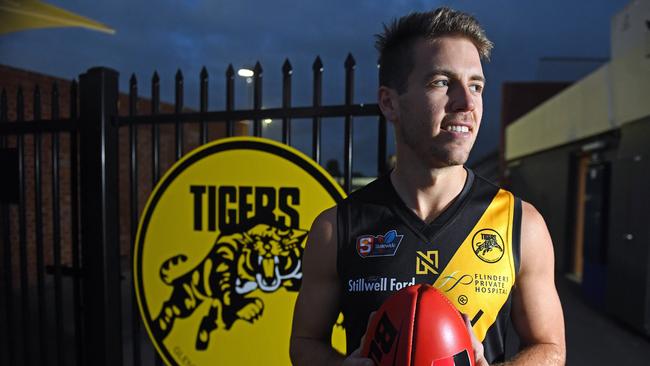 20/05/19 - Glenelg captain Chris Curran will play his 100th game for the Tigers against Port Adelaide on Sunday.Picture: Tom Huntley