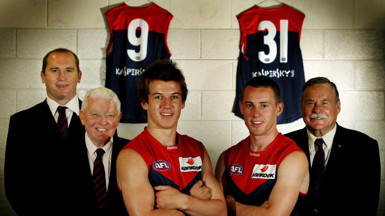 Jack Trengove when he was drafted in 2009 just days after finishing high school with fellow draftee Tom Scully plus former players David Neitz, Brian Dixon and Ron Barrassi. Picture: File