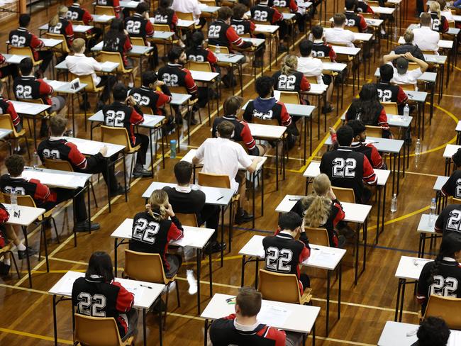 DAILY TELEGRAPH OCTOBER 12, 2022. Cherrybrook Technology High School year 12 students at the end of their English exam on the first day of the HSC for 2022. Picture: Jonathan Ng