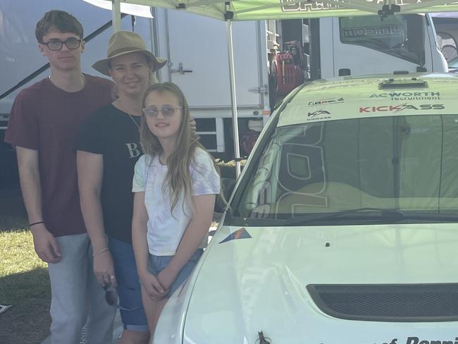 The Bustard family next to their #45 Ronnie &amp; Shelley Mitsubishi Lancer Evo at Gympie Racecourse July 20, 2023.