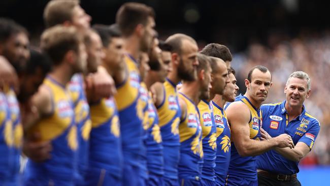 Adam Simpson talks to his players before the national anthem.