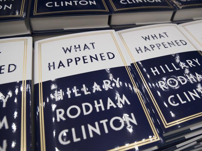 In this Sept. 18, 2017, file photo, a box of Hillary Clinton's book What Happened are staged to be distributed outside the Warner Theatre in Washington. Picture: AP.