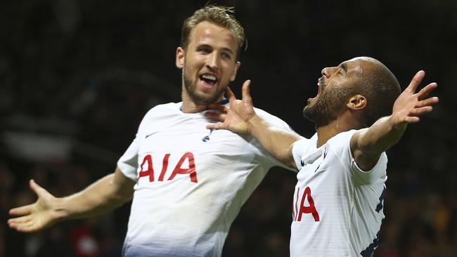 Tottenham Hotspur's Lucas Moura celebrates with Harry Kane scoring his side’s third goal at Old Trafford. Picture: AP.
