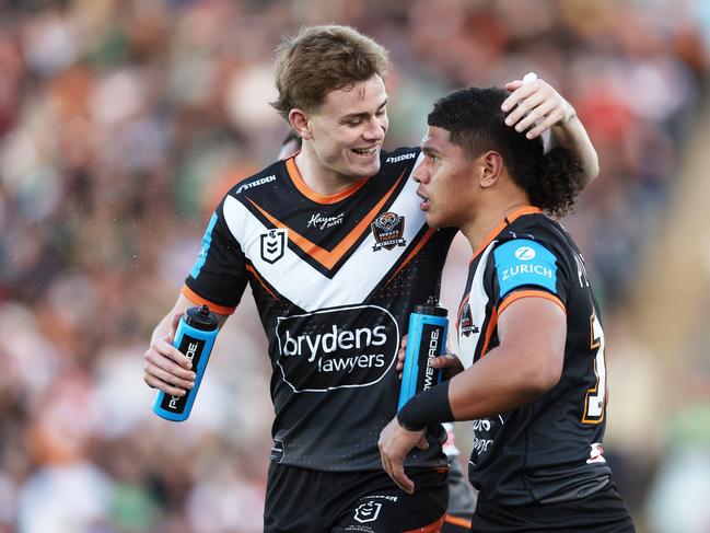 Lachlan Galvin and Luke Laulilii both scored their maiden NRL tries against the Raiders. Photo: Matt King/Getty Images