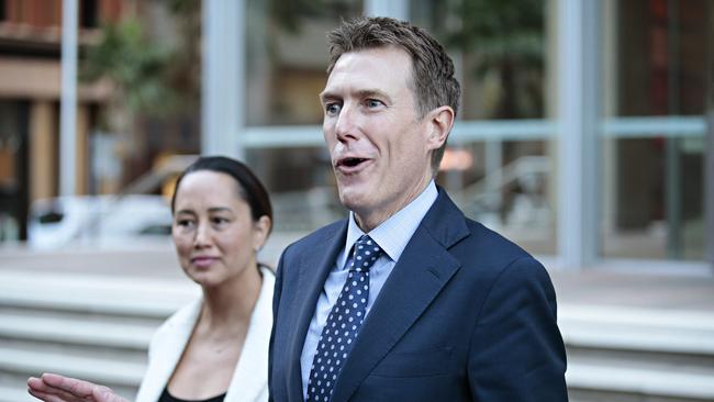 Solicitor Rebekah Giles and Christian Porter address the media at the Queens Square Supreme Court in Sydney today. Picture: NCA NewsWire / Adam Yip