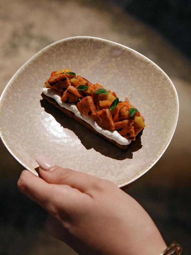 Potato, peperonata, goats curd from Aurora restaurnt. Picture: Jack Fenby