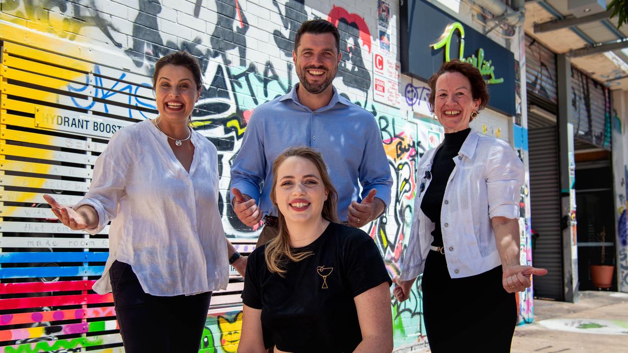 CEO NT Major Events Suzana Bishop, Minister Brent Potter, Executive Director Activate Darwin Jo Smallacombe and Owner Operator Bar Kokomo & Hanky Panky Lounge Anneliese Grazioli launching the new pop-up festival BASSINTHECITY in Austin Lane, Darwin. Picture: Pema Tamang Pakhrin