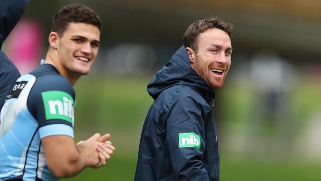 NSW halves Nathan Cleary (left) and James Maloney train at Moore Park, Sydney. Photo: Brett Costello