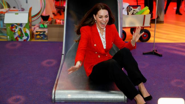 Catherine, Duchess of Cambridge reacts as she goes down a slide during a visit to Copenhagen, Denmark. Picture: John Sibley – WPA Pool/Getty Images