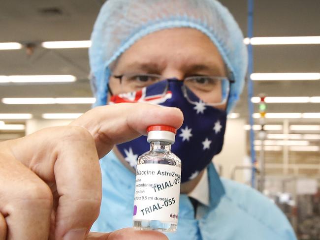 MELBOURNE, AUSTRALIA - FEBRUARY 12: Prime Minister Scott Morrison visits the CSL vaccine manufacturing facility on February 12, 2021 in Melbourne, Australia. Pharmaceutical company CSL is manufacturing Australia's Oxford-AstraZeneca COVID-19 vaccines.  (Photo by David Caird-Pool/Getty Images)