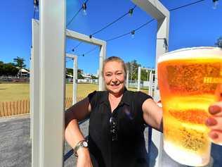 COMING SOON: Mooloolaba Bowls Club GM Paula Herdman cheering the progress of the new outdoor bar and beer garden. Picture: John McCutcheon