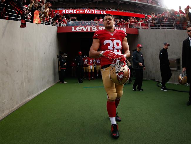 SANTA CLARA, CA - JANUARY 03: Jarryd Hayne #38 of the San Francisco 49ers walks onto the field against the St. Louis Rams prior to their NFL game at Levi's Stadium on January 3, 2016 in Santa Clara, California. (Photo by Ezra Shaw/Getty Images)