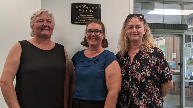 Senator Sam McMahon, Katherine Family Medical Practice practice manager Melanie Usher and nurse practitioner Jen Cullen declare the clinic open on Friday, April 9. Picture: Alicia Perera