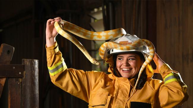 Hahndorf CFS firefighter Holli Pietrobon at Hahndorf Farm Barn with Rumplesnakeskin. Photo: Tricia Watkinson