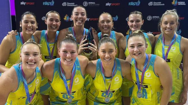 Australia's Fast5 netball team celebrate after defending their title with a 35-23 victory over New Zealand in the final in Christchurch. Photo: Netball Australia