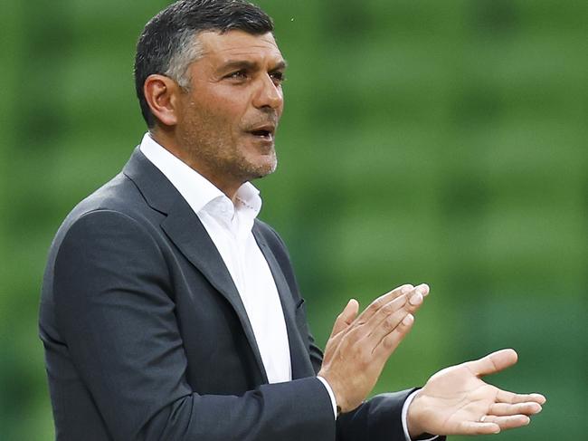 MELBOURNE, AUSTRALIA - DECEMBER 17: Western United head coach John Aloisi reacts during the A-League Mens match between Western United and Adelaide United at AAMI Park, on December 17, 2021, in Melbourne, Australia. (Photo by Daniel Pockett/Getty Images)