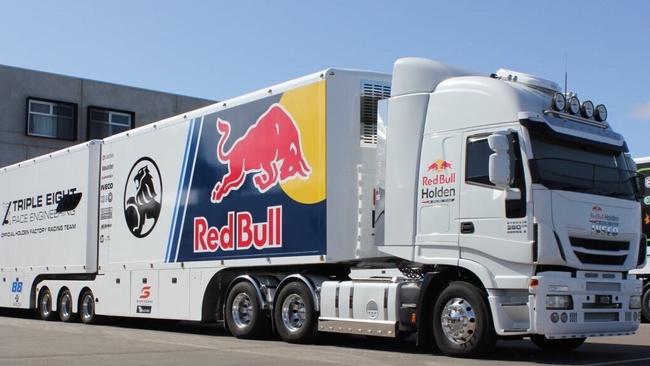 Triple Eight / Red Bull Holden Racing freight vehicle driven team members on their return to Queensland. Picture: Supplied