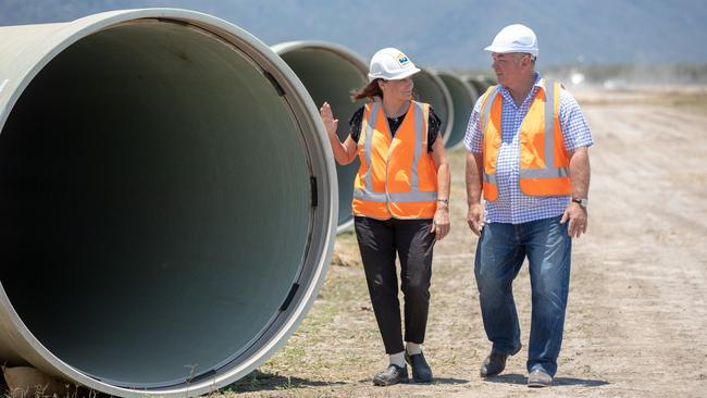 Townsville Mayor Jenny Hill and Member for Townsville Scott Stewart inspect 1.8m pipes used in the Haughton Pipeline Duplication Project. Picture: Cameron Laird