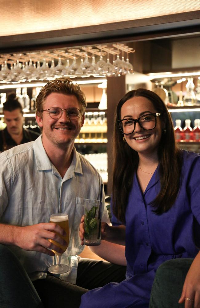 Pierre Hofstee and Brydie Mullholland at the Six-Tricks Distilling Co. launch, Mermaid Beach. Picture: Kennedy Barnes.