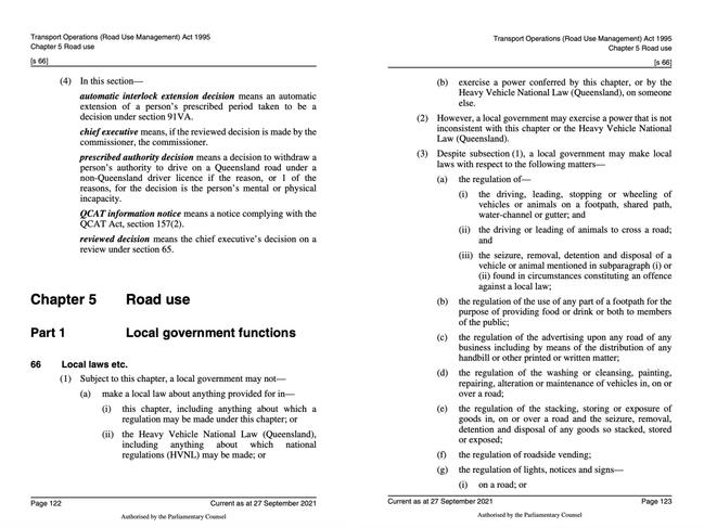 Extract from legislation Theodore MP Mark Boothman says allows council to take a different approach to the issue of parking with two wheels up on verges.