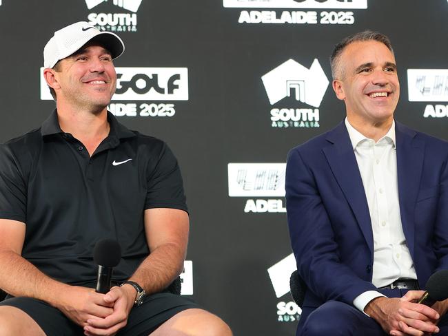 ADELAIDE, AUSTRALIA - FEBRUARY 12: Brooks Koepka, Captain of Smash GC with Peter Malinauskas, Premier of South Australia during a press conference ahead of Liv Golf Adelaide at The Grange Golf Club on February 12, 2025 in Adelaide, Australia. (Photo by Sarah Reed/Getty Images)