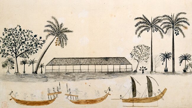 A scene in Tahiti, with two war canoes, and a sailing canoe. From Drawings illustrative of Captain Cook's First Voyage, 1768-1771. Author: The artist of the chief mourner. Source: British Library