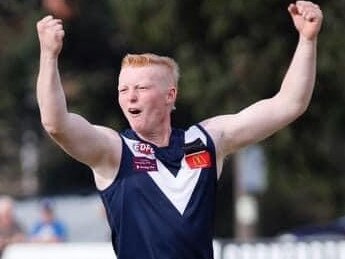 Debutant Jalen Gill celebrates a goal for Avondale Heights in the EDFL. Picture: Marc Gianfriddo