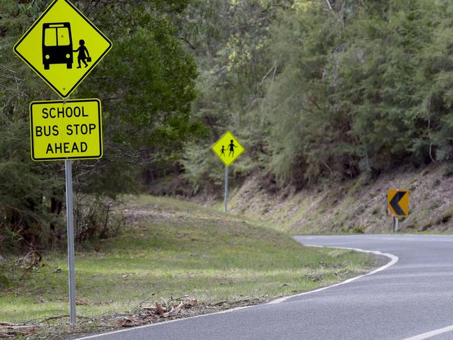 Rural kids have been left to hop off the school bus at a makeshift gravel bus stop on Woods Point Rd, McMahons Creek, in an 80km/h zone. Picture: STEVE TANNER