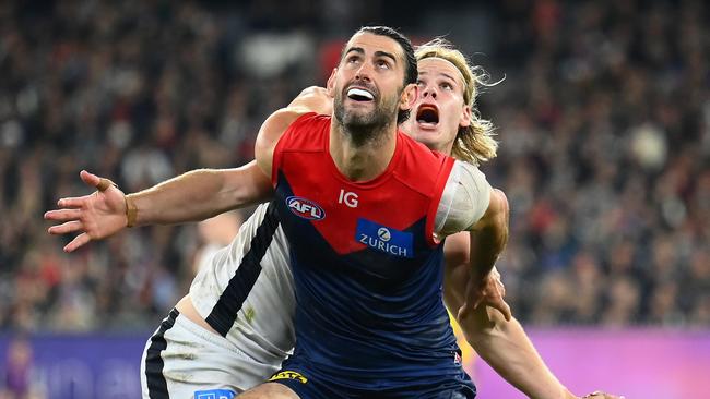 Brodie Grundy of the Demons and Tom De Koning of the Blues compete in the ruck during the round 12 AFL match between Melbourne Demons and Carlton Blues at Melbourne Cricket Ground, on June 02, 2023, in Melbourne, Australia. (Photo by Quinn Rooney/Getty Images)