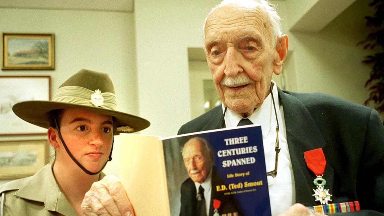 World War I veteran Ted Smout with Private Lisa Roberts at launch of his book Three Centuries Spanned in 2001. Picture: Supplied