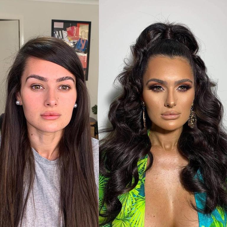 Arabella Del Busso’s make-up artist shared a before-and-after snap of her transformation. Picture: Instagram/thomgreymakeup