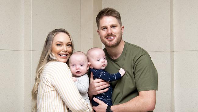 Former Married At First Sight contestants Bryce Ruthven and Melissa Rawson with twins Levi (wearing grey) and Tate. Picture: NewsWire / Monique Harmer